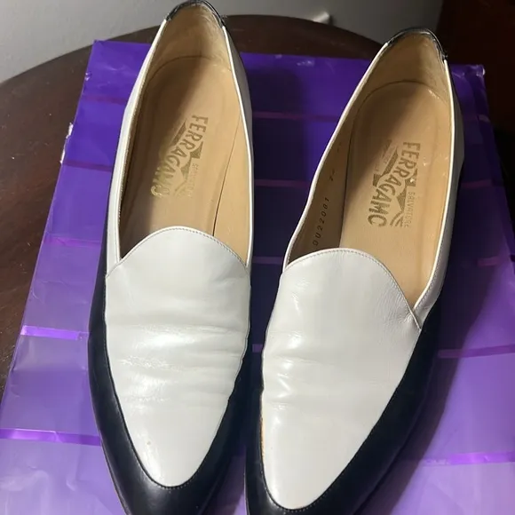 Salvatore Ferragamo Black and White Leather Loafers