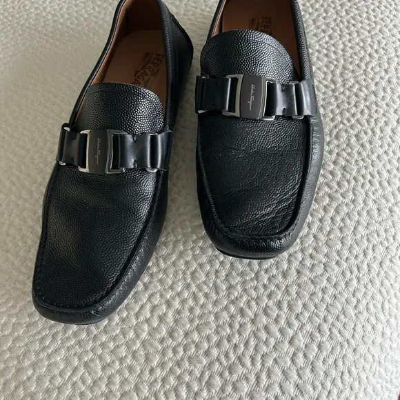 Salvatore Ferragamo Black Loafers with Silver Buckle