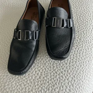 Salvatore Ferragamo Black Loafers with Silver Buckle