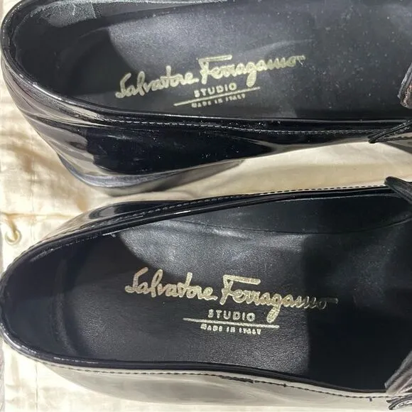 Salvatore Ferragamo Black Patent Leather Gene Loafers - With Dust Covers