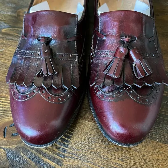 Salvatore Ferragamo LUCAS Wing Tip  Burgundy Leather Tasseled Kiltie Loafers 8 D