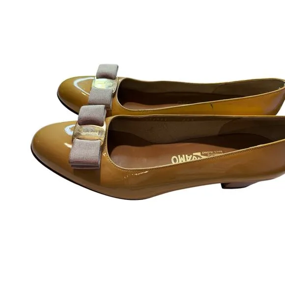 Salvatore Ferragamo Varina Patent‎ Leather Flats, Yellow, Size 7.5, 1-Inch Heel