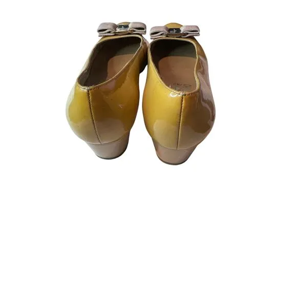 Salvatore Ferragamo Varina Patent‎ Leather Flats, Yellow, Size 7.5, 1-Inch Heel