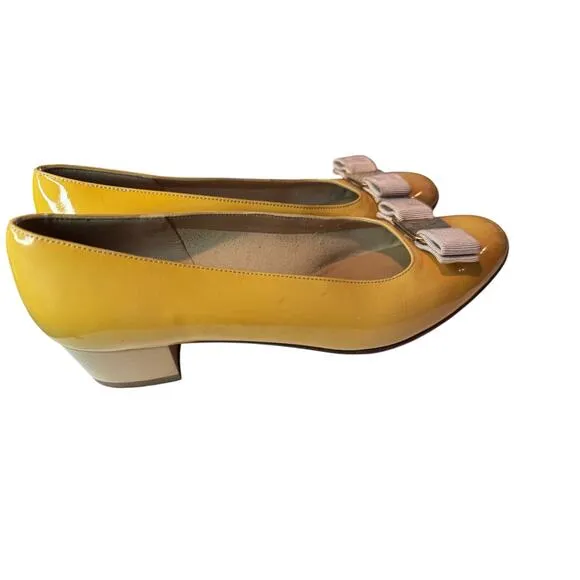 Salvatore Ferragamo Varina Patent‎ Leather Flats, Yellow, Size 7.5, 1-Inch Heel