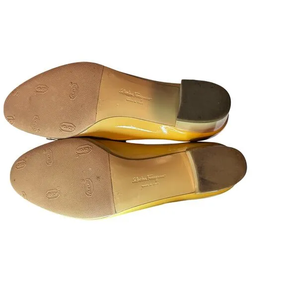 Salvatore Ferragamo Varina Patent‎ Leather Flats, Yellow, Size 7.5, 1-Inch Heel
