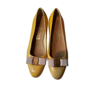 Salvatore Ferragamo Varina Patent‎ Leather Flats, Yellow, Size 7.5, 1-Inch Heel