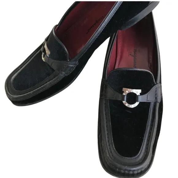 Salvatore Ferragamo Women's Black Leather Velvet Loafers Shoes Moccasins Logo 9N