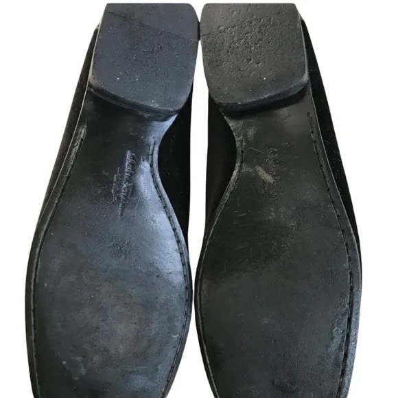 Salvatore Ferragamo Women's Black Leather Velvet Loafers Shoes Moccasins Logo 9N