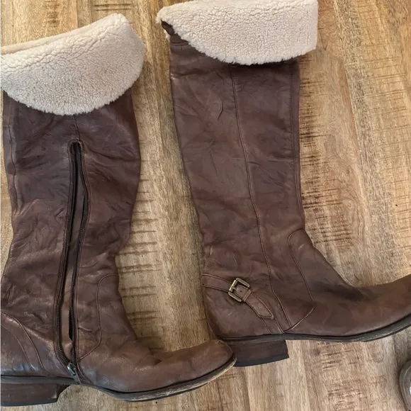 Sam Edelman Kara thigh knee boots 9.5 1/2 brown leather with real fur top EUC