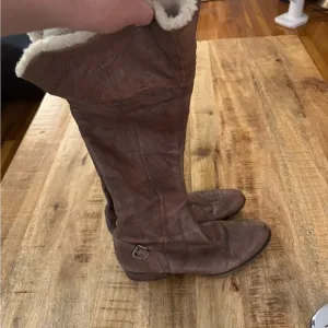 Sam Edelman Kara thigh knee boots 9.5 1/2 brown leather with real fur top EUC