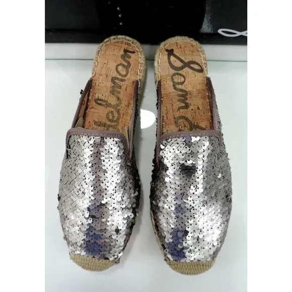Sam Edelman Kerry Slip On Espadrille Slide Mule Flats Pewter Sequins Size 8