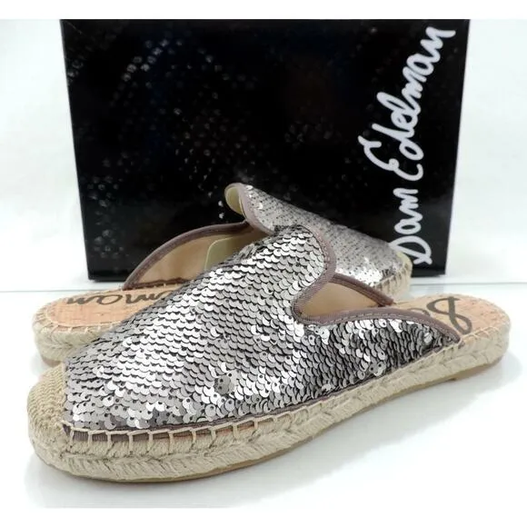 Sam Edelman Kerry Slip On Espadrille Slide Mule Flats Pewter Sequins Size 8