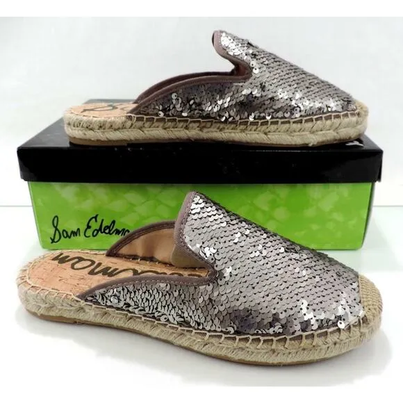 Sam Edelman Kerry Slip On Espadrille Slide Mule Flats Pewter Sequins Size 8