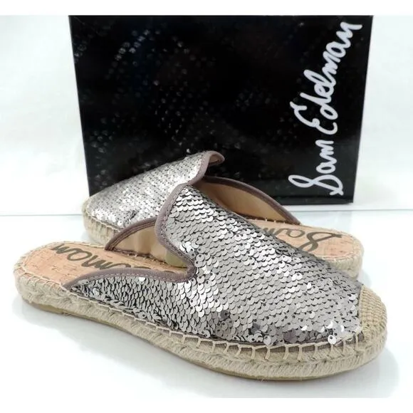 Sam Edelman Kerry Slip On Espadrille Slide Mule Flats Pewter Sequins Size 8