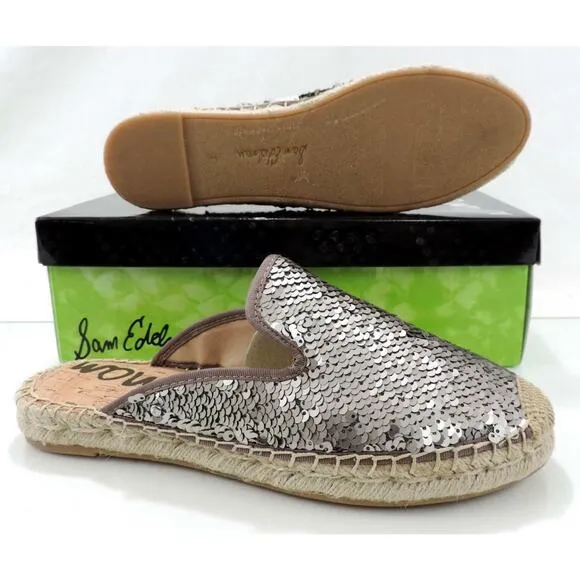 Sam Edelman Kerry Slip On Espadrille Slide Mule Flats Pewter Sequins Size 8