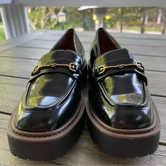 Sam Edelman Laurs Black Patent Leather Loafers Gold Bridle Bit Accent Size 9.5