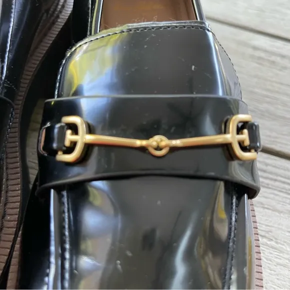 Sam Edelman Laurs Black Patent Leather Loafers Gold Bridle Bit Accent Size 9.5