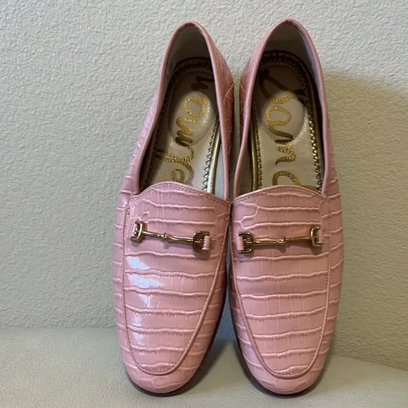 Sam Edelman Loraine Coral Pink Patent Leather Croc Style Loafer with Gold Bit