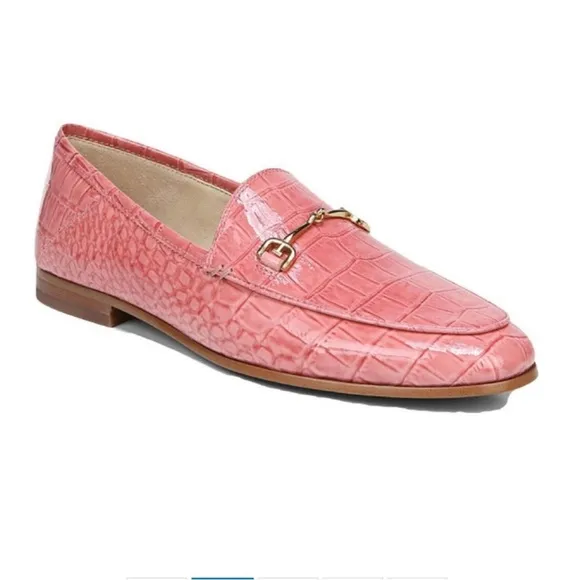 Sam Edelman Loraine Coral Pink Patent Leather Croc Style Loafer with Gold Bit