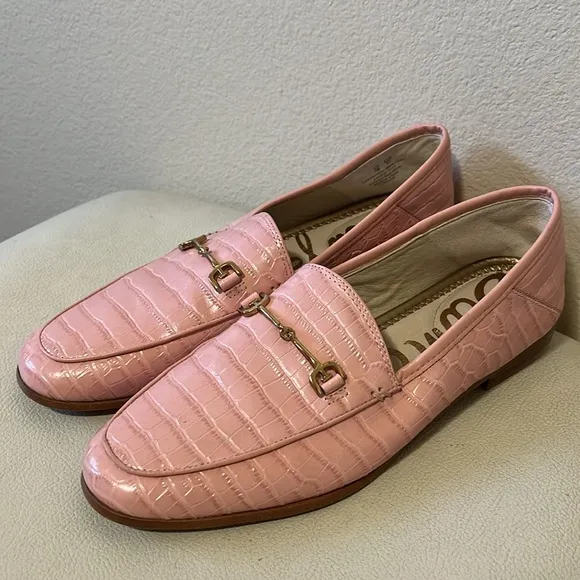 Sam Edelman Loraine Coral Pink Patent Leather Croc Style Loafer with Gold Bit