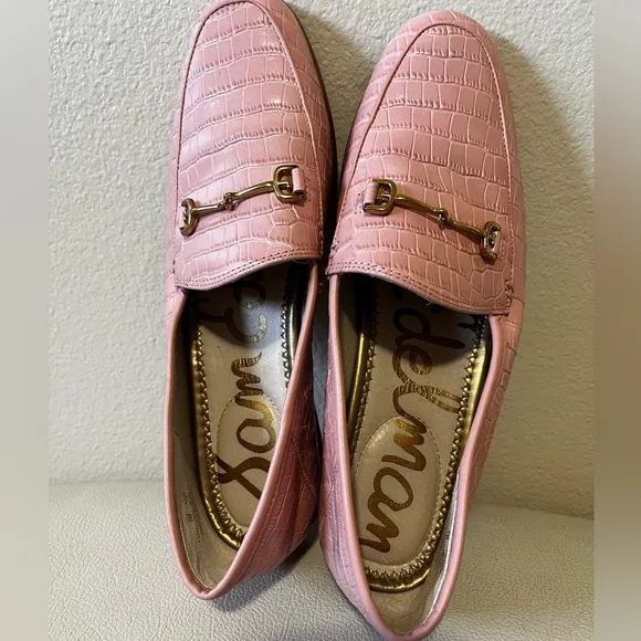 Sam Edelman Loraine Coral Pink Patent Leather Croc Style Loafer with Gold Bit