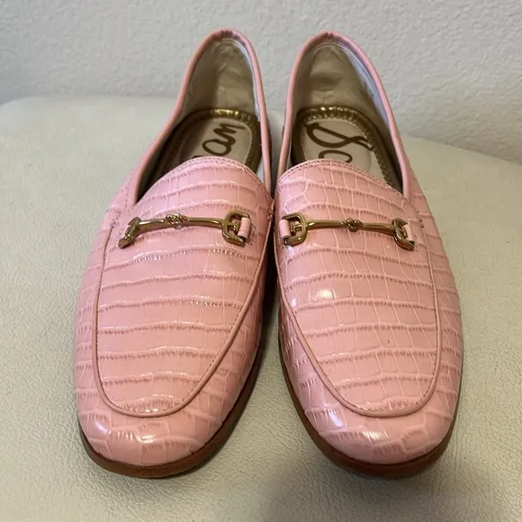 Sam Edelman Loraine Coral Pink Patent Leather Croc Style Loafer with Gold Bit