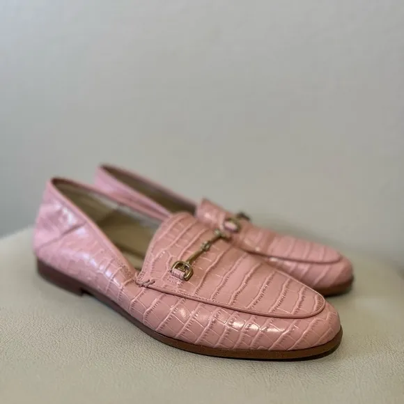 Sam Edelman Loraine Coral Pink Patent Leather Croc Style Loafer with Gold Bit