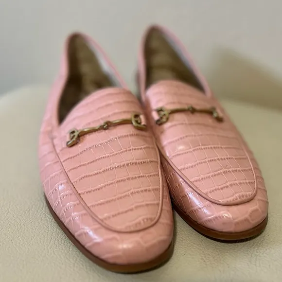 Sam Edelman Loraine Coral Pink Patent Leather Croc Style Loafer with Gold Bit