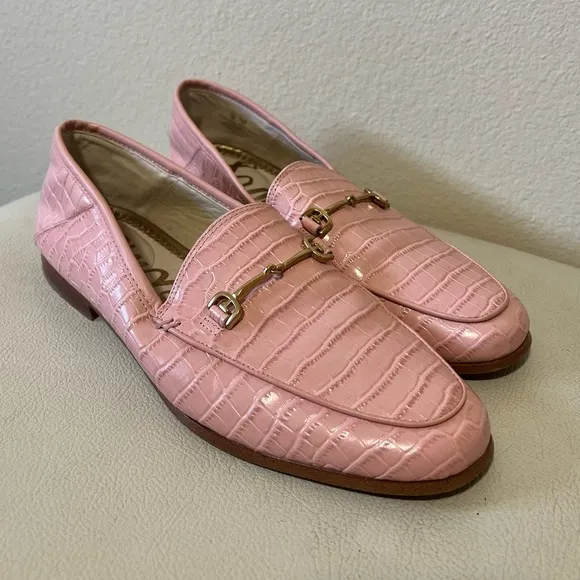 Sam Edelman Loraine Coral Pink Patent Leather Croc Style Loafer with Gold Bit