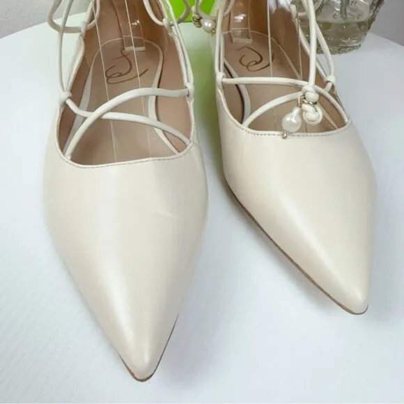 Sam Edelman Winslet Ivory Nappa Leather Lace up Pearl Beaded Pointy Toe Flats