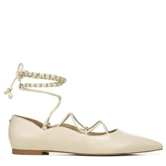 Sam Edelman Winslet Ivory Nappa Leather Lace up Pearl Beaded Pointy Toe Flats