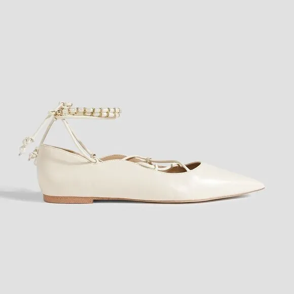 Sam Edelman Winslet Ivory Nappa Leather Lace up Pearl Beaded Pointy Toe Flats