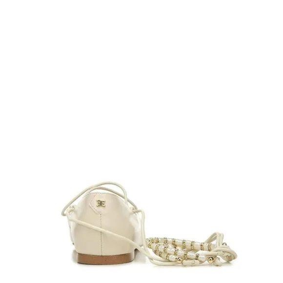 Sam Edelman Winslet Ivory Nappa Leather Lace up Pearl Beaded Pointy Toe Flats