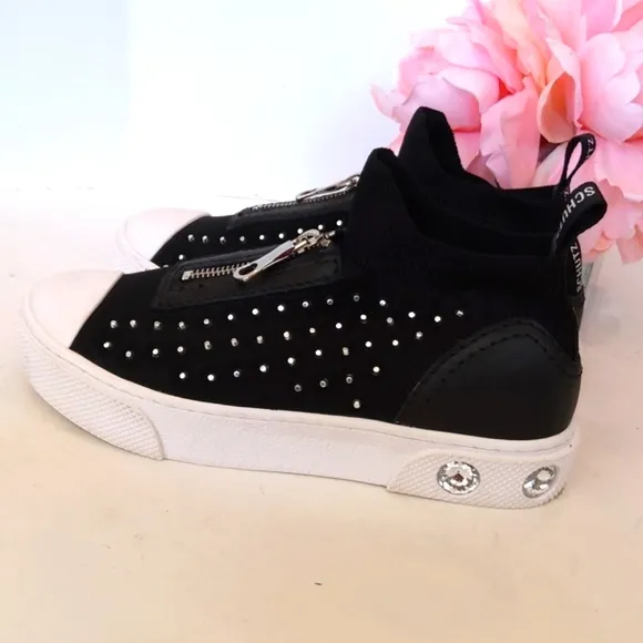 Schutz Black zip front studded slip on sneakers