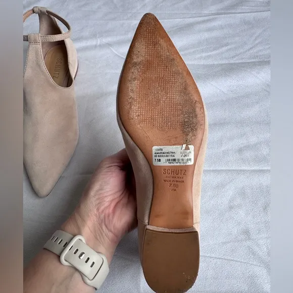 SCHUTZ flats shoe ankle strap pointed toe blush color leather Brazil block heel