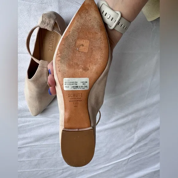 SCHUTZ flats shoe ankle strap pointed toe blush color leather Brazil block heel