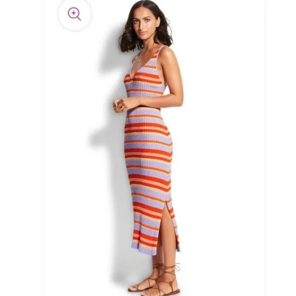 Seafolly Sundancer Midi Dress Ribbed Knit CoverUp Sleeveless Striped Red Small S