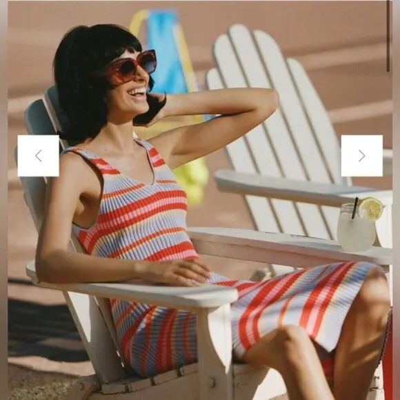 Seafolly Sundancer Midi Dress Ribbed Knit CoverUp Sleeveless Striped Red Small S