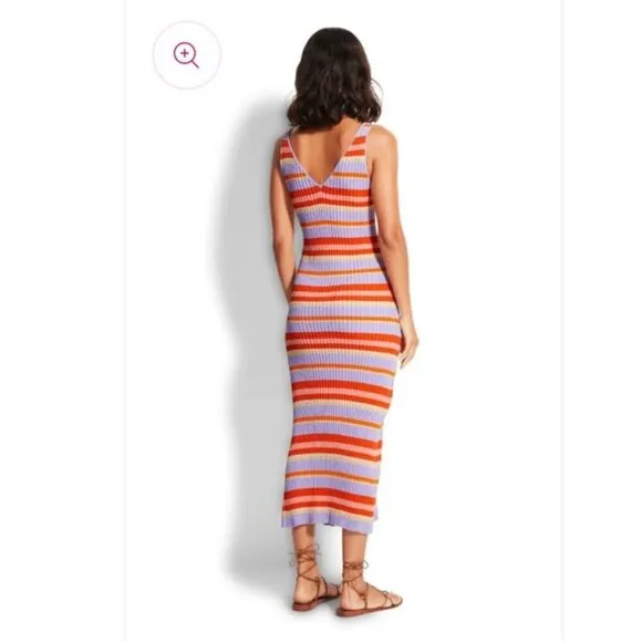 Seafolly Sundancer Midi Dress Ribbed Knit CoverUp Sleeveless Striped Red Small S