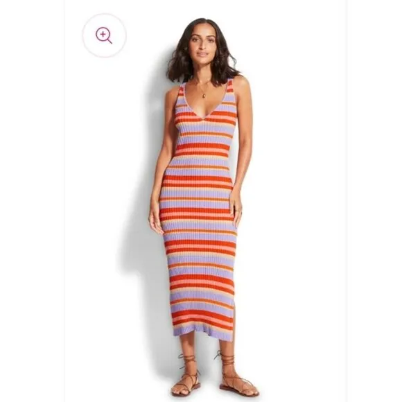 Seafolly Sundancer Midi Dress Ribbed Knit CoverUp Sleeveless Striped Red Small S