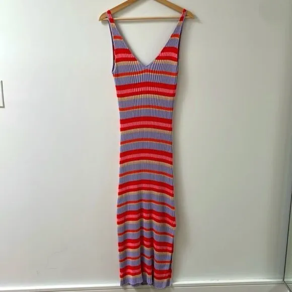 Seafolly Sundancer Midi Dress Ribbed Knit CoverUp Sleeveless Striped Red Small S