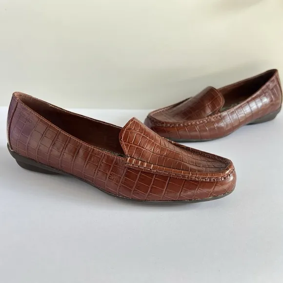 Sebago Loafers Brown Leather Moc Croc Women's Size 7 timeless Classic Preppy