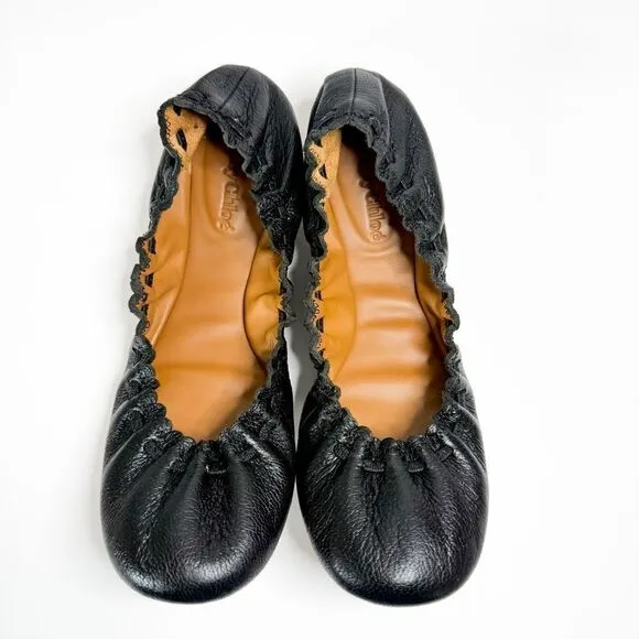 See by Chloé Women's Black Leather Scrunched Ballet Flats EU 36 / US 6