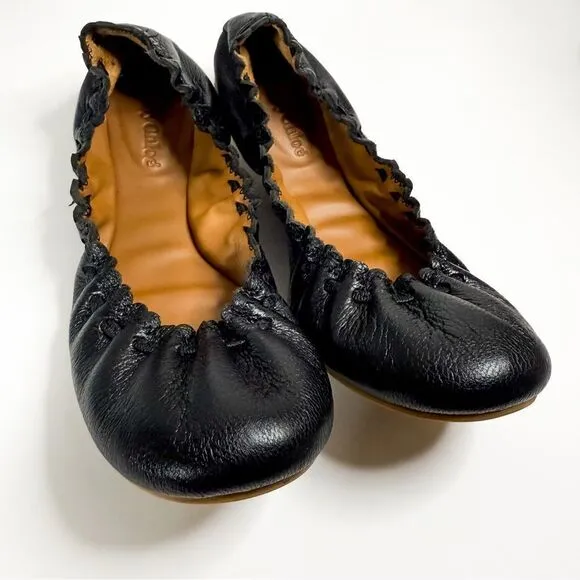 See by Chloé Women's Black Leather Scrunched Ballet Flats EU 36 / US 6