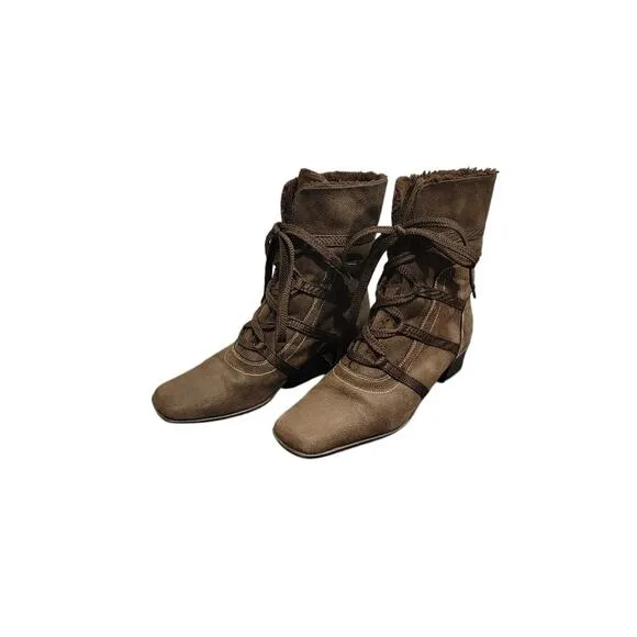 Sesto Meucci Ankle Boots Suede Women's Sz 8 Lace Up Italian Fur Lined Choc Brown