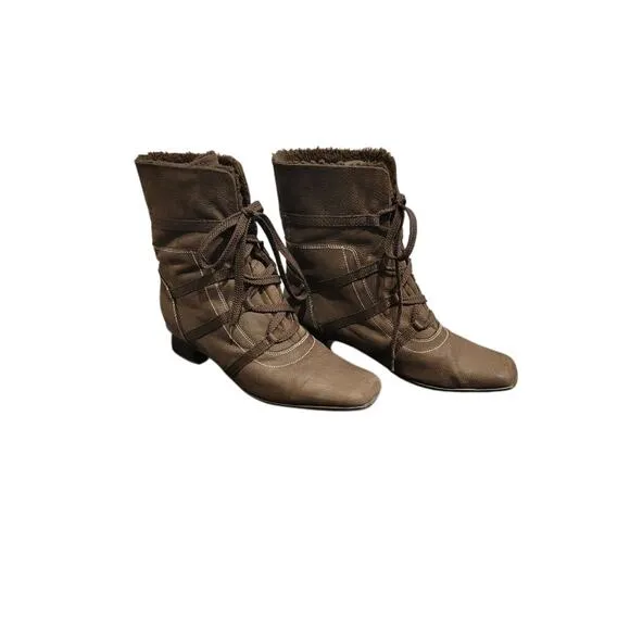 Sesto Meucci Ankle Boots Suede Women's Sz 8 Lace Up Italian Fur Lined Choc Brown