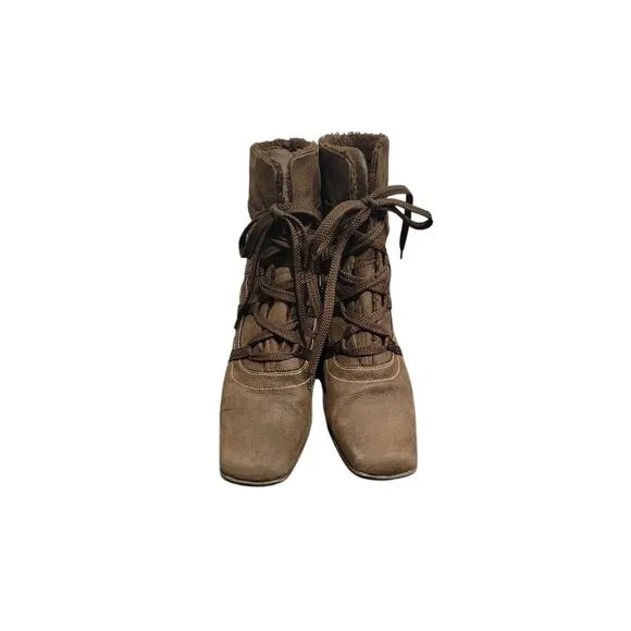 Sesto Meucci Ankle Boots Suede Women's Sz 8 Lace Up Italian Fur Lined Choc Brown