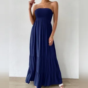 Shirred Ruffle Hem Maxi Tube Dress