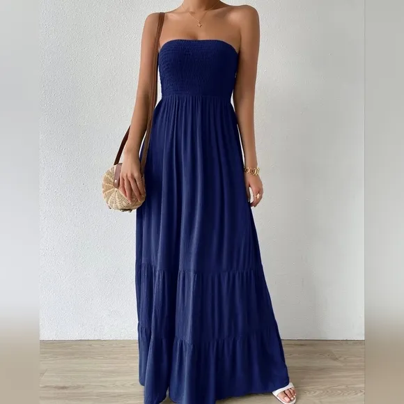 Shirred Ruffle Hem Maxi Tube Dress
