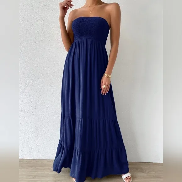 Shirred Ruffle Hem Maxi Tube Dress